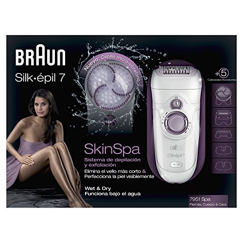 Braun Silk-épil 7 SkinSpa 7951 - Depiladora utilizable bajo el agua, recargable, con cepillo de exfoliación sónica y 4 accesorios incluidos