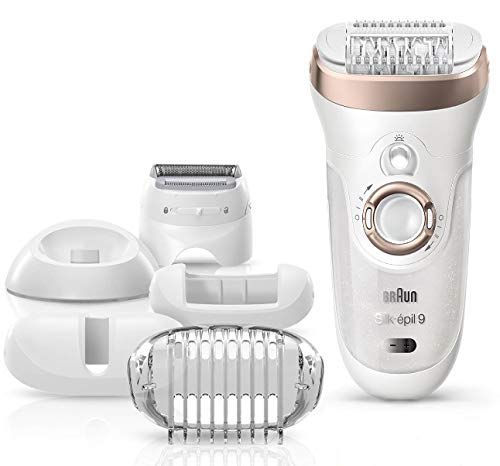 Braun Silk-épil 9 9-561 - Depiladora para mujer con tecnología Wet & Dry, sin cable, con 6 accesorios, cabezal afeitadora, cabezal de masaje, color blanco y violeta