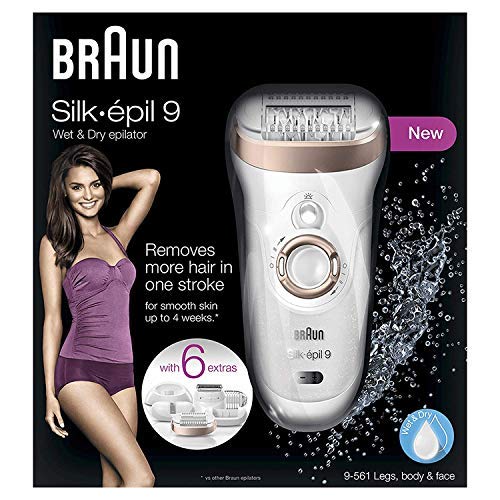 Braun Silk-épil 9 9-561 - Depiladora para mujer con tecnología Wet & Dry, sin cable, con 6 accesorios, cabezal afeitadora, cabezal de masaje, color blanco y violeta
