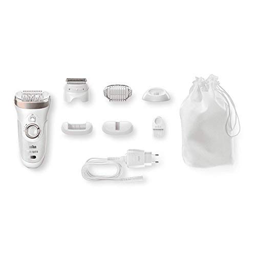 Braun Silk-épil 9 9-561 - Depiladora para mujer con tecnología Wet & Dry, sin cable, con 6 accesorios, cabezal afeitadora, cabezal de masaje, color blanco y violeta
