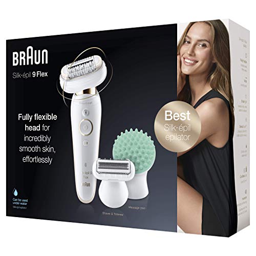 Braun Silk-épil Flex 9020 - Depiladora Mujer Eléctrica con Cabezal Flexible para una Depilación Fácil, Mango Antideslizante y Control, Blanco / Dorado