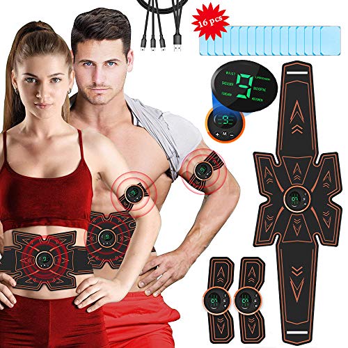 Breett Estimulador Abdominal, ABS Electroestimulador Muscular Recargable, Estimulador Muscular Abdominales Cinturón para Bdomen/Brazo/Piernas/Glúteos,Almohadillas de Gel 16pcs