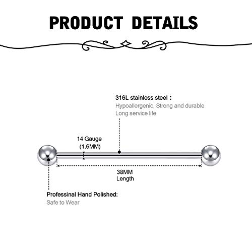 Briana Williams 5 unids Industrial Piercing Bars Acero Inoxidable 14 Gauge Plata 38mm Barbell Ear joyería