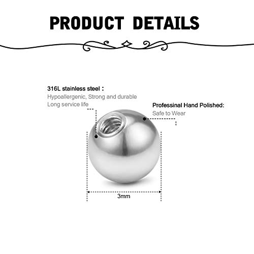 Briana Williams 60 Piezas Bolas Perforadoras de Repuesto 16G 3mm Acero quirúrgico Acrílico Labret Barra de Labio Anillo Bolas Joyas