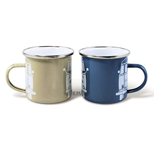 BRISA VW Collection - Volkswagen Furgoneta Hippie Bus T1 Van Set de 2 Tazas de Café Esmaltadas en Caja de regalo, Copas de Té, Decoración de la Mesa/Outdoor/Camping/Souvenir (Azul/Gris)
