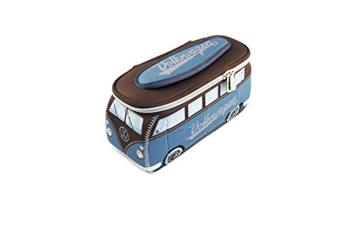 BRISA VW Collection Volkswagen VW T1 Bus Bolsa Universal de Neopreno, Estuche para lápices, Caja de papelería, Neceser, Bolso de Maquillaje-Cosméticos-Aseo para Escuela/Oficina/Regalo (Petrol/Marrón)