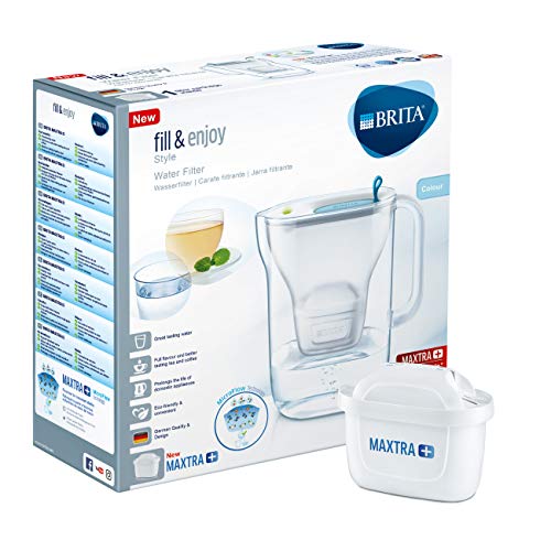 BRITA Style azul - Jarra de Agua Filtrada con 1 cartucho MAXTRA+, Filtro de agua BRITA que reduce la cal y el cloro, Agua filtrada para un sabor óptimo, 2.4L