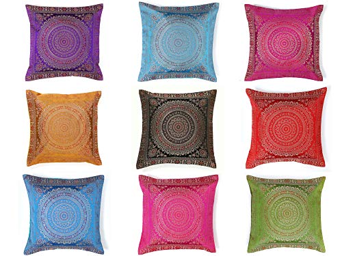 Brocado de seda decorativo hecho a mano indio Hogar y sala de estar Decoración Sofá de seda Mandala Funda de cojín (10 piezas)