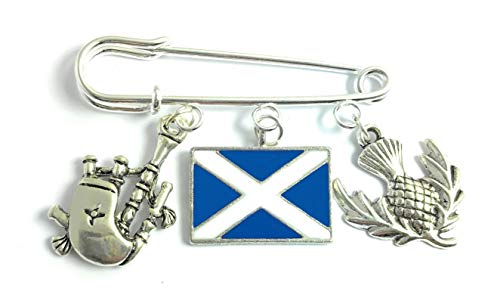 Broches escoceses para falda escocesa con bandera de Escocia, gaita y cardo escocés con bolsa de regalo de terciopelo blanco.