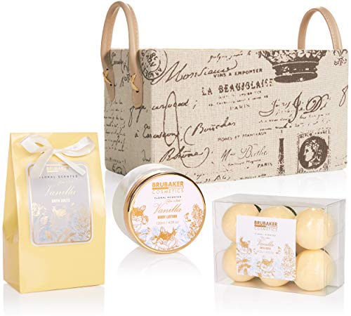 BRUBAKER Cosmetics Set de Baño y Ducha"Vanilla Golden Paradies"- Fragancia Rosas de Vainilla y Menta - Set de regalo de 12 piezas en estuche vintage con asa.