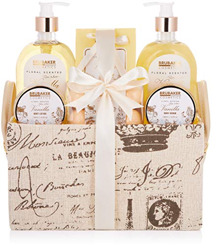 BRUBAKER Cosmetics Set de Baño y Ducha"Vanilla Golden Paradies"- Fragancia Rosas de Vainilla y Menta - Set de regalo de 12 piezas en estuche vintage con asa.