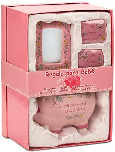 BRUBAKER Regalo para Bebé niña 'Mi primera alcancía' con caja para mi primer diente, caja para mi primer rizo y marco de la foto - Rosa - Español