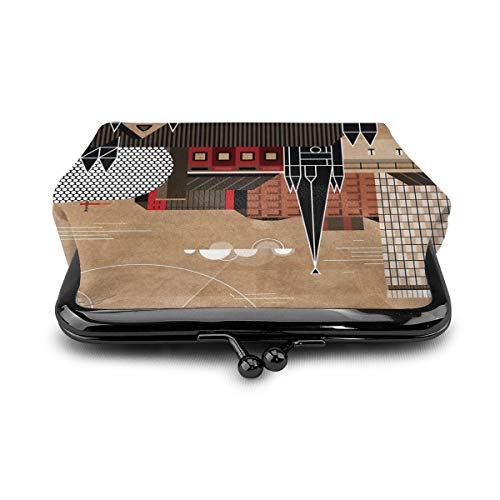 Brum Cityscape Monedero de cuero para cambio de monedero, cierre de beso, mini cosméticos de maquillaje para mujeres y niñas