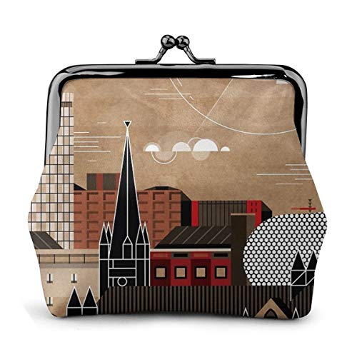 Brum Cityscape Monedero de cuero para cambio de monedero, cierre de beso, mini cosméticos de maquillaje para mujeres y niñas