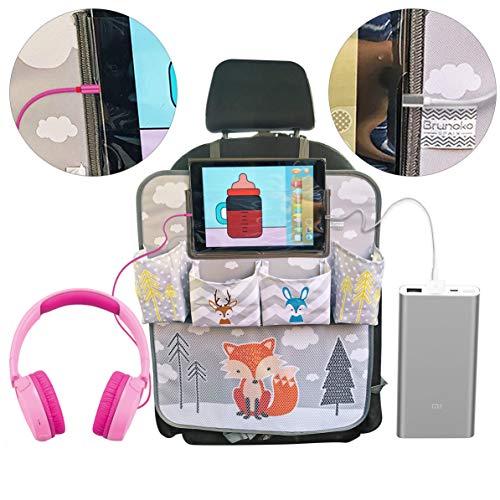 BRUNOKO Organizador Asiento Coche Niños, Bolso Carrito Bebé, Organizador Habitación Bebé 3 en 1 - Protector Universal Coche Antipisadas - Accesorio Coche con Soporte para Tablet - Diseñado en España