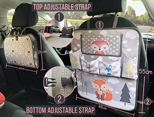 BRUNOKO Organizador Asiento Coche Niños, Bolso Carrito Bebé, Organizador Habitación Bebé 3 en 1 - Protector Universal Coche Antipisadas - Accesorio Coche con Soporte para Tablet - Diseñado en España