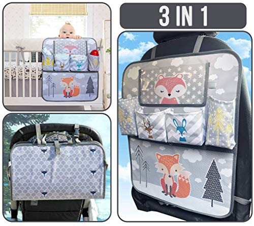 BRUNOKO Organizador Asiento Coche Niños, Bolso Carrito Bebé, Organizador Habitación Bebé 3 en 1 - Protector Universal Coche Antipisadas - Accesorio Coche con Soporte para Tablet - Diseñado en España