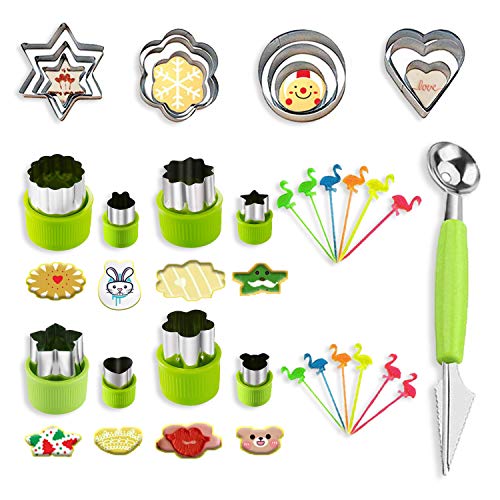 BSET BUY - Juego de 33 moldes para galletas de acero inoxidable para galletas, sushi, frutas, cortador de verduras, 20 cortadores + 1 cortador de melón de doble uso + 12 palillos