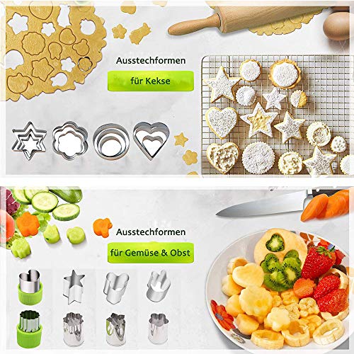 BSET BUY - Juego de 33 moldes para galletas de acero inoxidable para galletas, sushi, frutas, cortador de verduras, 20 cortadores + 1 cortador de melón de doble uso + 12 palillos
