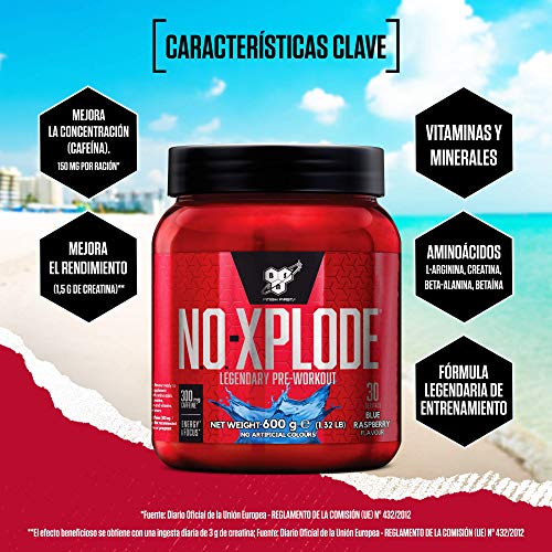 BSN Nutrition N.O.-Xplode, Suplementos Deportivos Pre Workout en Polvo con Creatina Monohidrato, Cafeina, Beta Alanina, Vitamina D y Vitamina B Complex, Frambuesa Azul, 30 Porciones, 600g