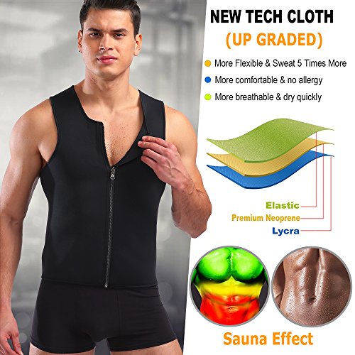 BURUNST - Chaleco de neopreno moldeador adelgazante con cremallera para hombre, adecuado para hacer ejercicio o sauna, sudar y perder peso, negro, Large(37.4"-39.3" waist)