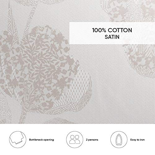 Cacharel – Funda nórdica 100% satén de algodón + 2 fundas – Reversible y fácil de planchar, Lace Taupe, 260 x 240 cm