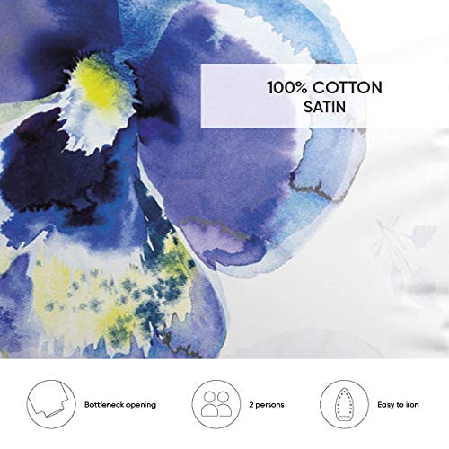 Cacharel – Funda nórdica 100% satén de algodón + 2 fundas – Reversible y fácil de planchar, Pansy Blanc, 240 x 220 cm
