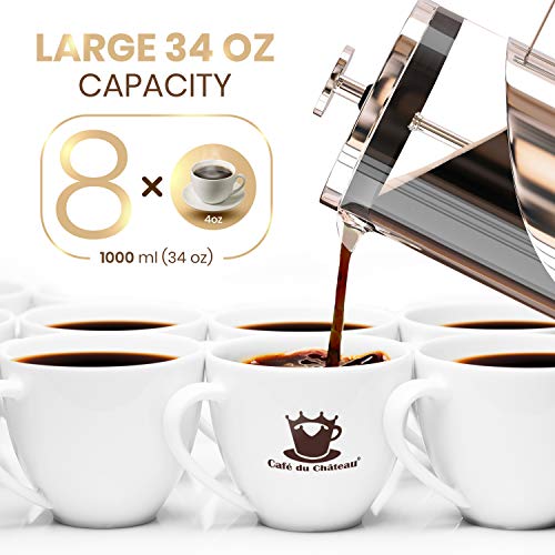 Cafetera de prensa francesa Cafe Du Chateau de 34 onzas, sistema de filtración de 4 niveles, acero inoxidable 304 grado, vidrio de borosilicato resistente al calor