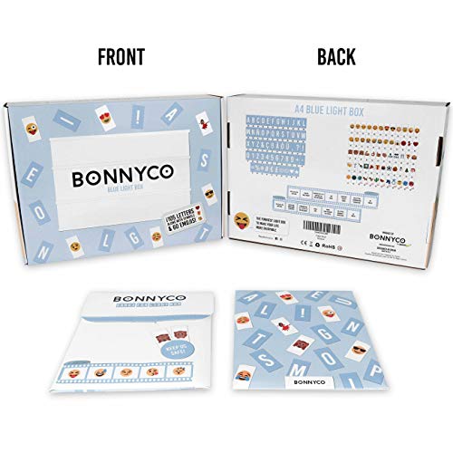 Caja de Luz A4 Azul con 105 Letras, 60 Divertidos Emojis y USB | Con Letras Ñ y Ç | Cartel Luminoso LED Decoración Habitación Niño, Baby Shower | Regalo Original Niños para Cumpleaños y Navidad