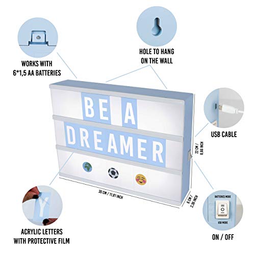 Caja de Luz A4 Azul con 105 Letras, 60 Divertidos Emojis y USB | Con Letras Ñ y Ç | Cartel Luminoso LED Decoración Habitación Niño, Baby Shower | Regalo Original Niños para Cumpleaños y Navidad