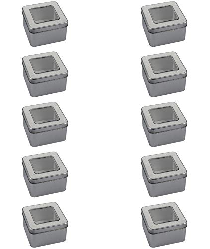 Caja de Metal con Tapa (Pack de 10) - Contenedor Metalico Multi Almacenamiento (9 x 9 x 5,5cm) Cajas de Metal sin Bisagra - Lata Vacía Tapa Transparente, Cosméticos, Especias, Hilo, Monedas y Más