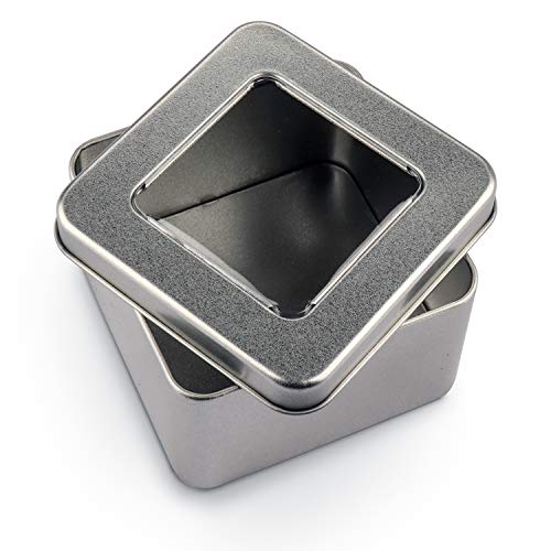 Caja de Metal con Tapa (Pack de 10) - Contenedor Metalico Multi Almacenamiento (9 x 9 x 5,5cm) Cajas de Metal sin Bisagra - Lata Vacía Tapa Transparente, Cosméticos, Especias, Hilo, Monedas y Más