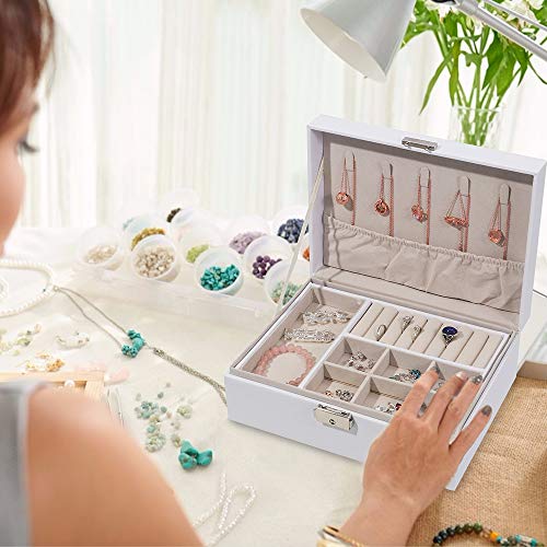 Caja Joyero Caja de Joyas con Cerradura,2 Niveles Grande Joyeros Mujer Organizador para Guardar Joyas,Pendientes,Pulseras,Anillos y Collares(Blanco)