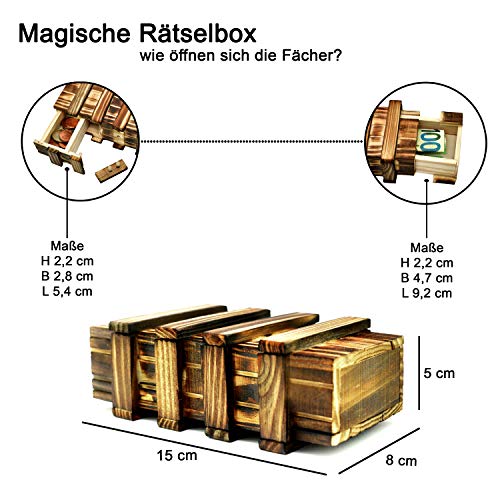 Caja mágica de madera con 2 compartimentos secretos para regalar dinero, vales o joyas.