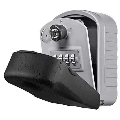 Caja para Llaves con Codigo ENONEO Grande Caja Seguridad Llaves Exterior con Llave de Emergencia Caja Fuerte para Llaves para Oficina Casa, Garaje, Escuela [Versión Actualizada] Key Box Lock (Plata)