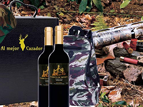 Caja Regalo Vino - Pack de 2 Botellas de Crianza + Regalo Al Mejor Cazador + Kit con Gorra y Mochila de Camuflaje para Caza - D.Origen Olite Navarra añada del 2014 - Ideal para regalar