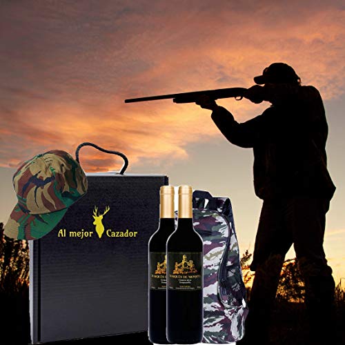 Caja Regalo Vino - Pack de 2 Botellas de Crianza + Regalo Al Mejor Cazador + Kit con Gorra y Mochila de Camuflaje para Caza - D.Origen Olite Navarra añada del 2014 - Ideal para regalar