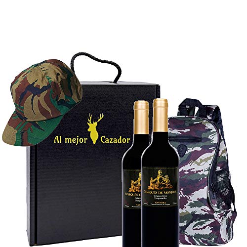 Caja Regalo Vino - Pack de 2 Botellas de Crianza + Regalo Al Mejor Cazador + Kit con Gorra y Mochila de Camuflaje para Caza - D.Origen Olite Navarra añada del 2014 - Ideal para regalar