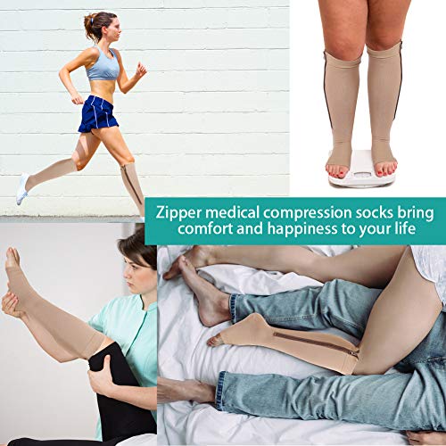 Calcetines de Compresión con Cremallera, Calcetines de Soporte para Piernas con Cremallera Abierta de 15-20 mmHg, Calcetines Médicos Transpirables para Aliviar la Hinchazón y las Venas Varicosas