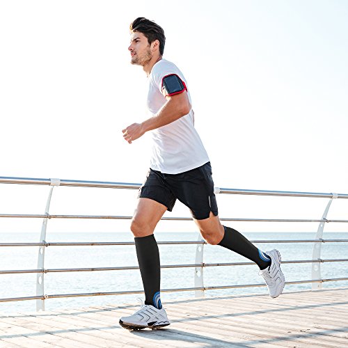 Calcetines de Compresión para Hombres y Mujeres - Medias de Compresion para Deporte - Maratones - Enfermeras - Estrés tibial Interior - Durante Embarazo (L/XL (42-47), Negro/Azul Marino)