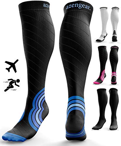 Calcetines de Compresión para Hombres y Mujeres - Medias de Compresion para Deporte - Maratones - Enfermeras - Estrés tibial Interior - Durante Embarazo (L/XL (42-47), Negro/Azul Marino)