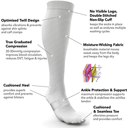 Calcetines de Compresión para Hombres y Mujeres - Medias de Compresion para Deporte - Maratones - Enfermeras - Estrés tibial Interior - Durante Embarazo (L/XL (42-47), Blanco (sin logotipo))