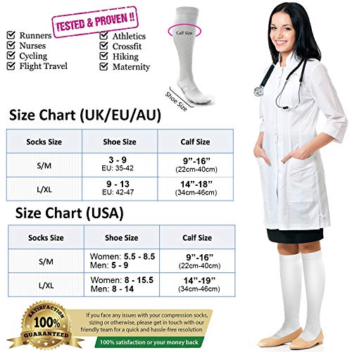 Calcetines de Compresión para Hombres y Mujeres - Medias de Compresion para Deporte - Maratones - Enfermeras - Estrés tibial Interior - Durante Embarazo (L/XL (42-47), Blanco (sin logotipo))