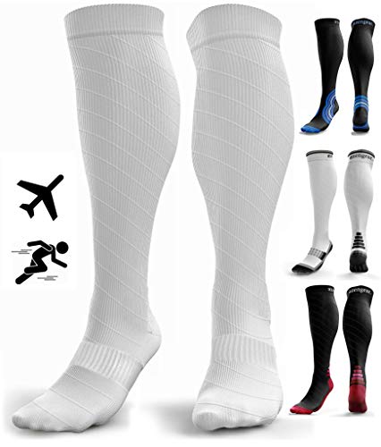 Calcetines de Compresión para Hombres y Mujeres - Medias de Compresion para Deporte - Maratones - Enfermeras - Estrés tibial Interior - Durante Embarazo (L/XL (42-47), Blanco (sin logotipo))