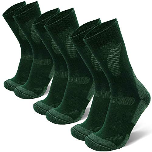 Calcetines de Senderismo y Trekking de Lana Merina para Hombre, Mujer y Niños, Otoño e Invierno, Calcetines Térmicos de montaña, Transpirables, Anti-Rozaduras y Acolchados, Pack de 3 (Verde, EU 39-42)