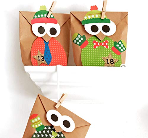 Calendario de Adviento DIY - con búhos navideños - Navidad 2018 - Set Rojo con decoración Adicional - para personalizarlo