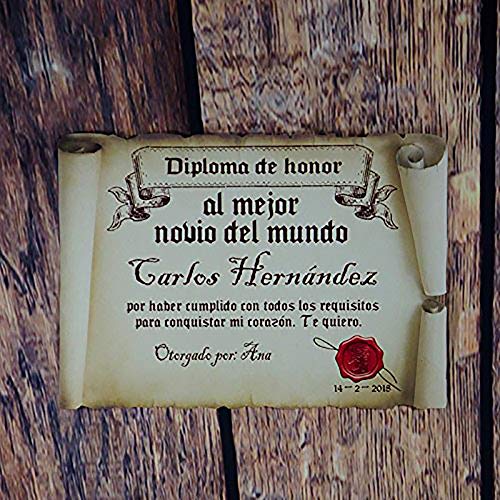 Calledelregalo Regalo con Marco Personalizable para tu Pareja: Diploma pergamino ‘al Mejor Novio del Mundo’ Personalizado con su Nombre, dedicatoria, Firma y Fecha