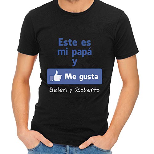 Calledelregalo Regalo para Padres por su cumpleaños, Navidad o el Día del Padre: Camiseta Personalizada Negra 'Me Gusta' con su Nombre y el de Sus Hijos en Varias Tallas