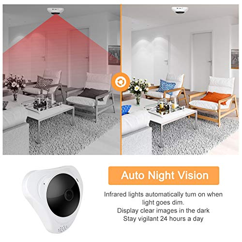 Cámara de seguridad inalámbrica, 3MP HD Wifi IP cámara de vigilancia ojo de pez con panorámica de 360 ​​grados + IR vision nocturna para el hogar/oficina(EU)
