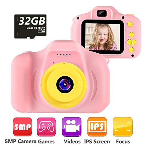 Cámara para Niños Infantil Cámara de Fotos Digital Cámara Juguete para Niños 2 Pulgadas 12MP 1080P HD Selfie Video Cámara Regalos Ideales para Niños Niñas de 3-10 Años con Tarjeta TF 32 GB (Rosa)